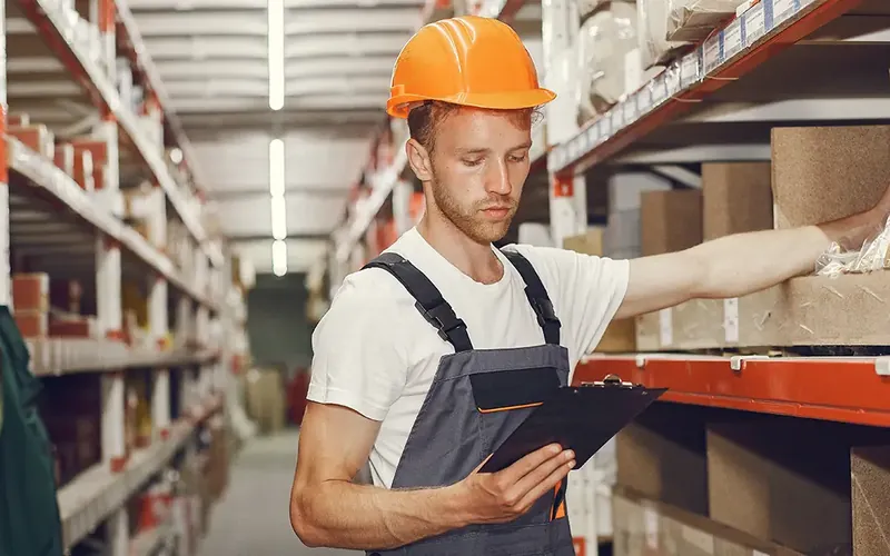 Warehouse staff checking auto parts stock on a tablet