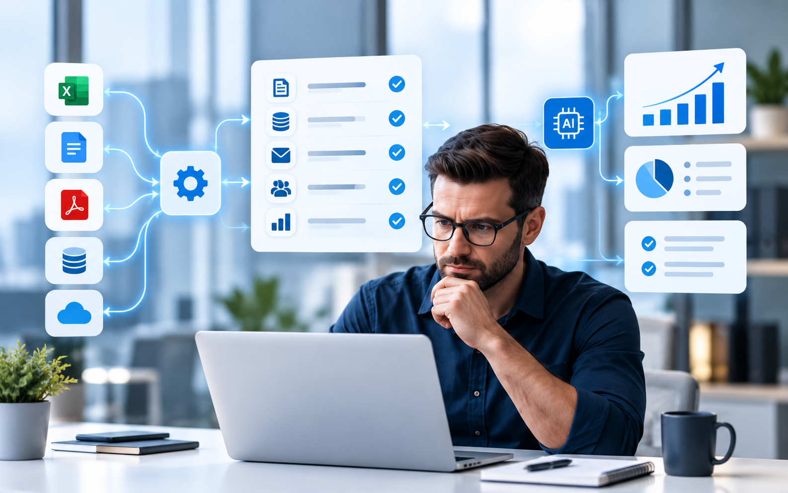 Automated workflow: manual tools flowing into an organized dashboard, reviewed by an ops lead, then routed through AI into growth metrics